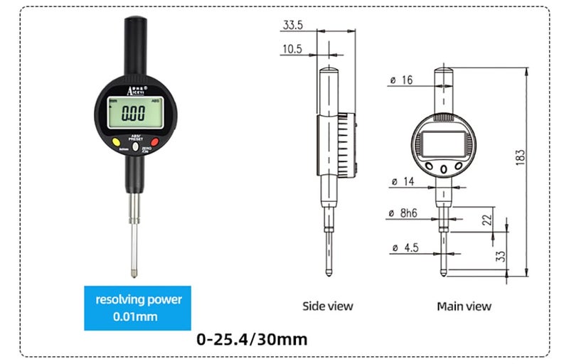 AICEYI Digital dial Gauge, with a Range of 0-1in/25.4mm and a Digital Indicator Accuracy of 0.01mm/0.0005 "Metric and Imperial Measure Tool Electronic Dial Gauge (ACE-B25) - Image 2